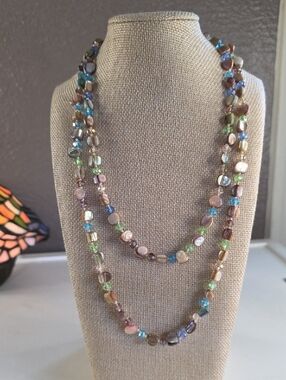 Multi-Color Glass Beaded Long Strand Necklace - Pastel Gemtone Accents